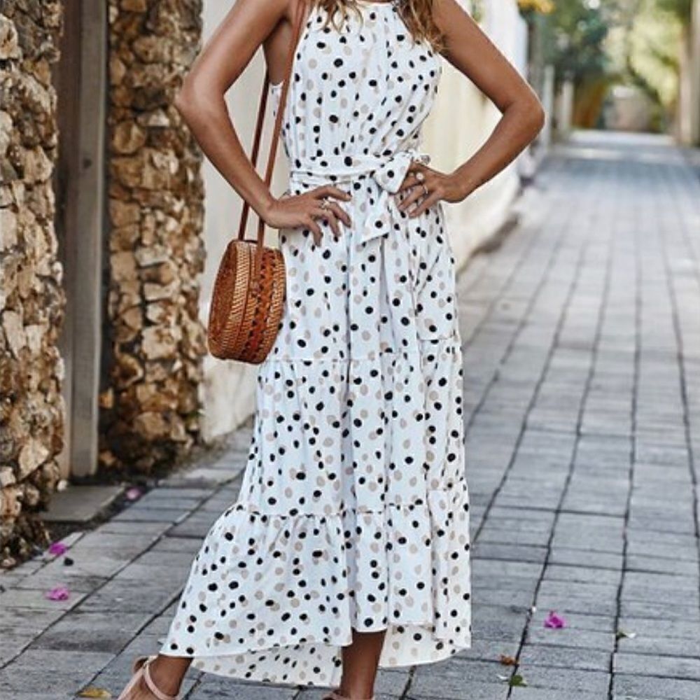 White Polka Dot Boho Maxi Dress - Picture 3 of 10